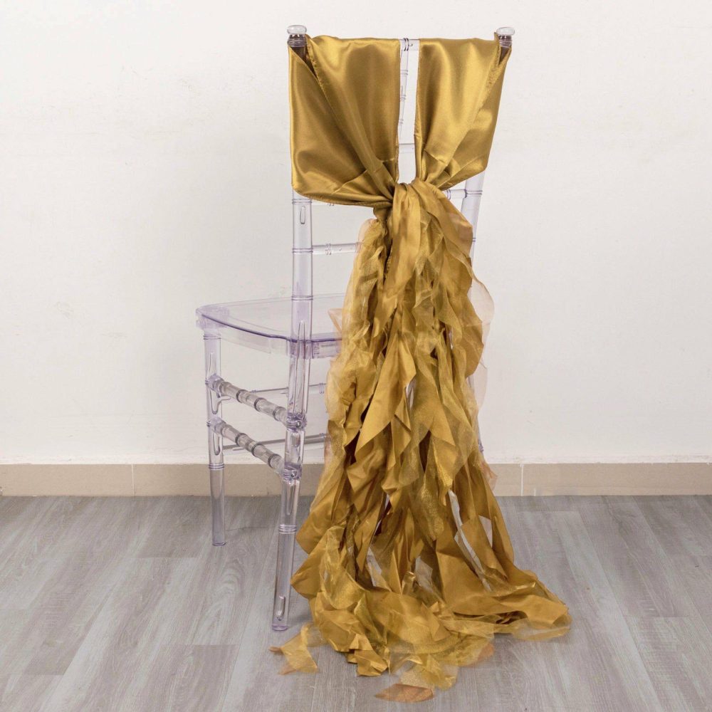 5 Pack Gold Curly Willow Chiffon Satin Chair Sashes  |   Satin & Taffeta Chair Sashes Gold