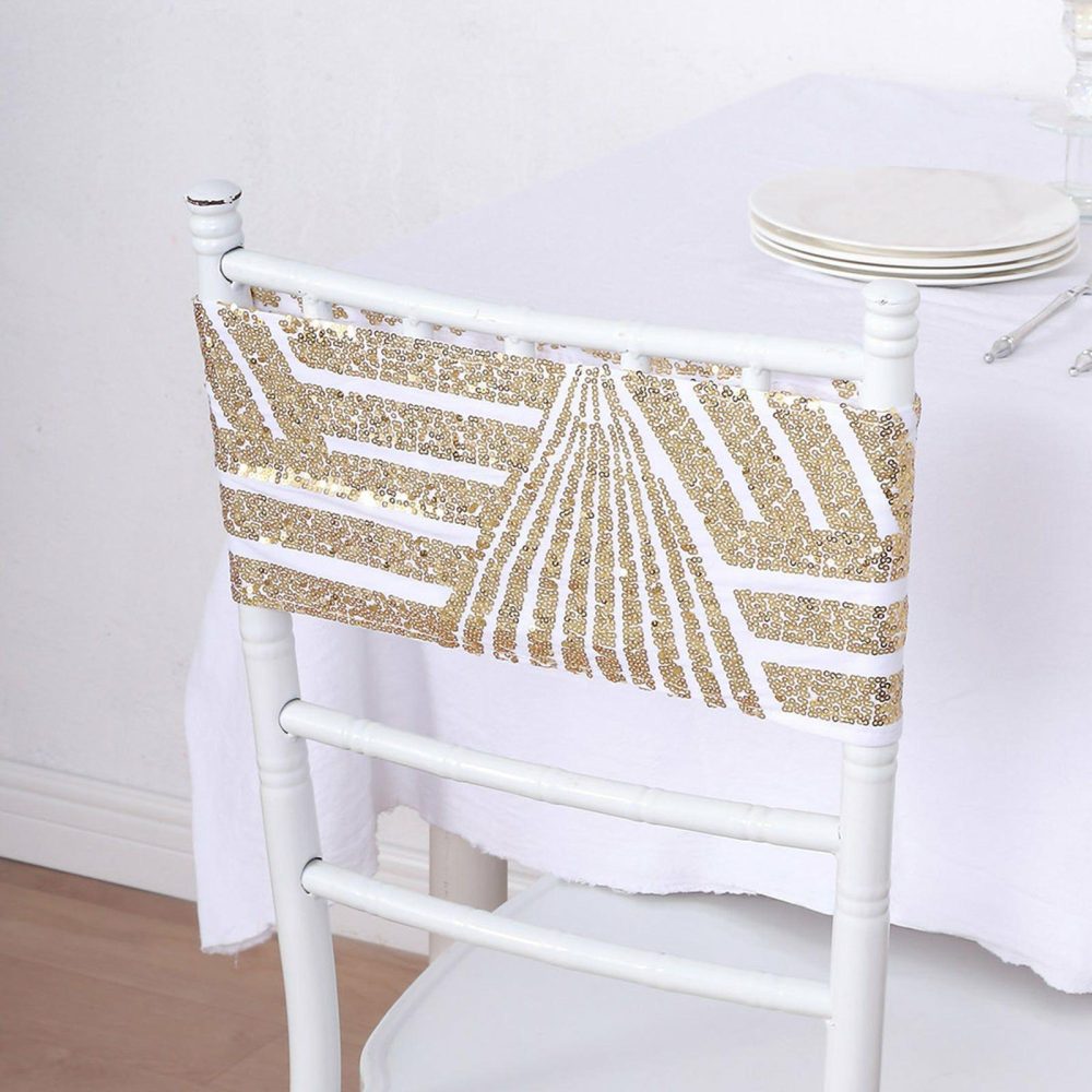 5 Pack Gold Diamond Glitz Sequin White Spandex Chair Sash Bands, Sparkly Geometric Stretchable Chair Sashes  |   Spandex Fitted Chair Sashes Gold