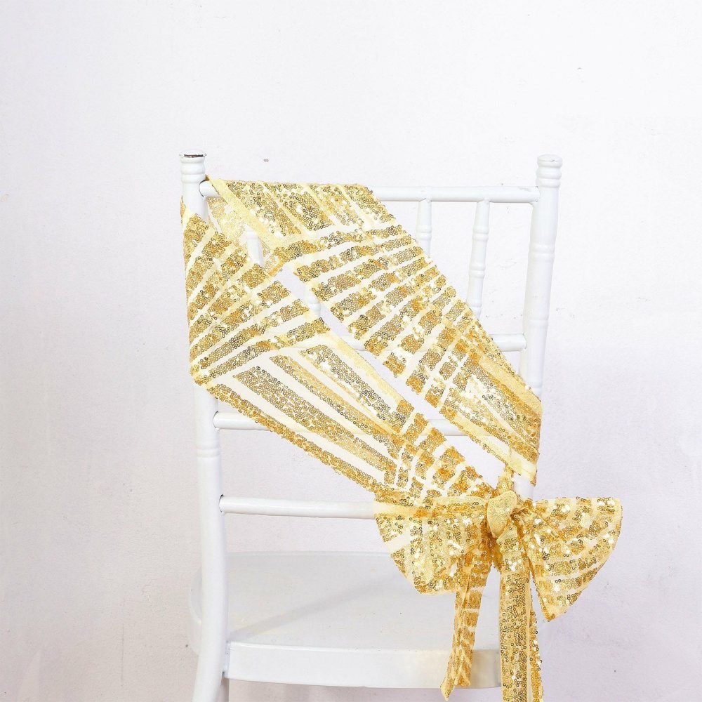 5 Pack Gold Geometric Diamond Glitz Sequin Chair Sashes 6″x 88″  |   Glittering Sequin Chair Sashes Glittering Sequin