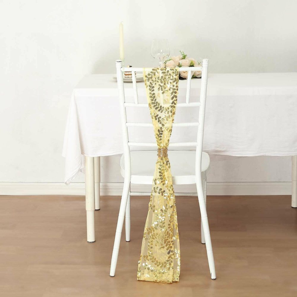 5 Pack Gold Leaf Vine Embroidered Sequin Tulle Chair Sashes – 6″x88″  |   Glittering Sequin Chair Sashes Glittering Sequin