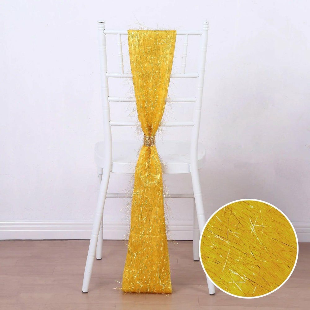 5 Pack Gold Metallic Fringe Shag Tinsel Chair Sashes, Shimmery Polyester Chair Sashes 6″x108″  |   Stylish Chair Sashes Gold