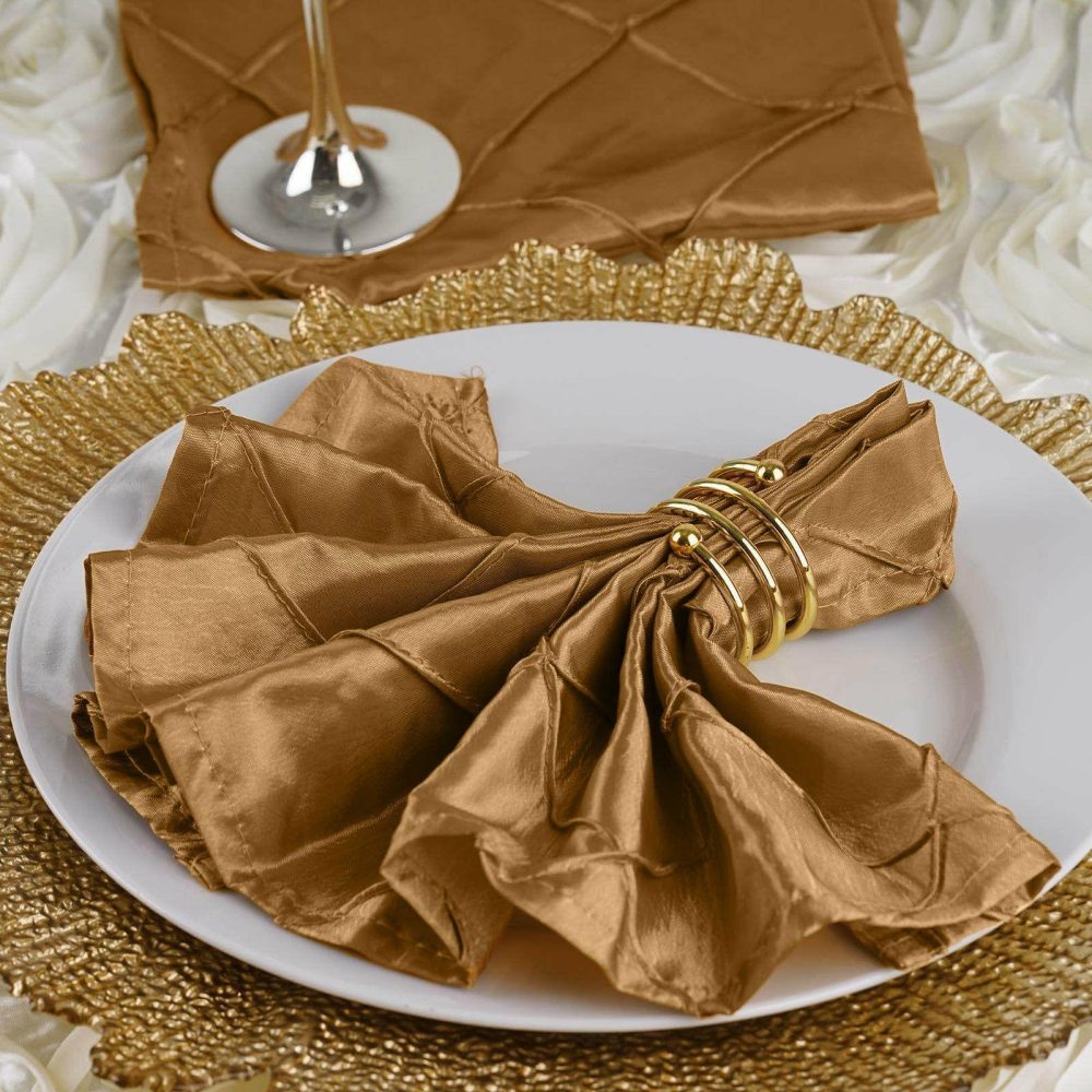 5 Pack Gold Pintuck Satin Cloth Dinner Napkins, Wrinkle Resistant 17″x17″  |   Satin & Taffeta Cloth Napkins Gold