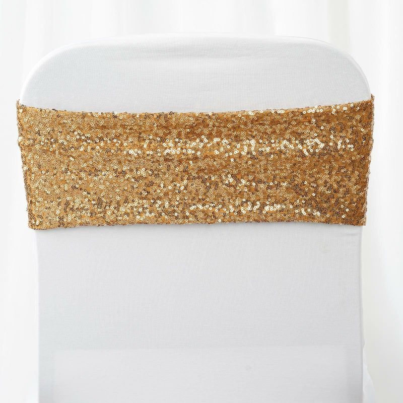 5 Pack Gold Sequin Spandex Chair Sashes Bands 6″x15″  |   Spandex Fitted Chair Sashes Gold