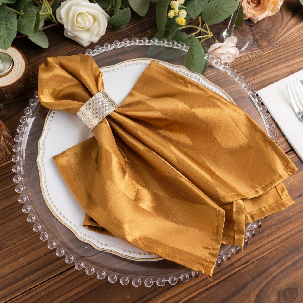 5 Pack Gold Striped Satin Cloth Napkins, Wrinkle-Free Reusable Dinner Napkins 20″x20″  |   Satin & Taffeta Cloth Napkins Gold