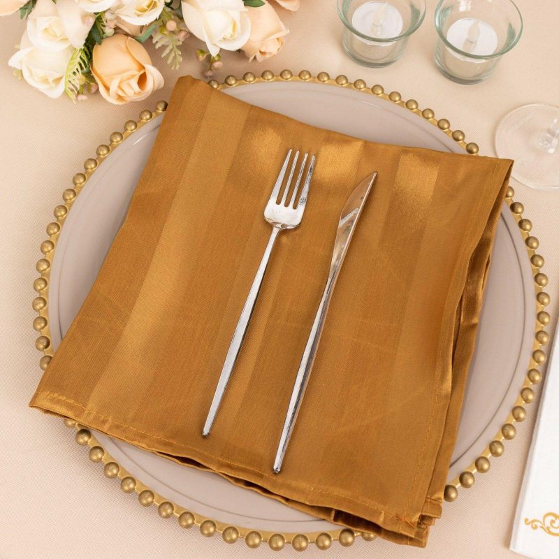 5 Pack Gold Striped Satin Cloth Napkins, Wrinkle-Free Reusable Dinner Napkins 20″x20″  |   Satin & Taffeta Cloth Napkins Gold