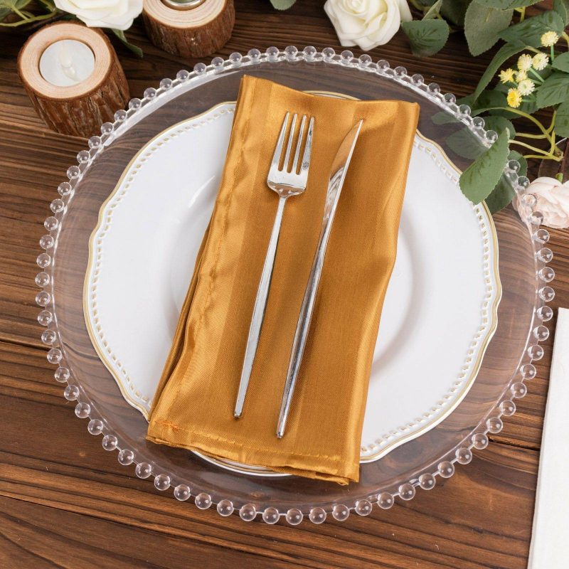 5 Pack Gold Striped Satin Cloth Napkins, Wrinkle-Free Reusable Dinner Napkins 20″x20″  |   Satin & Taffeta Cloth Napkins Gold