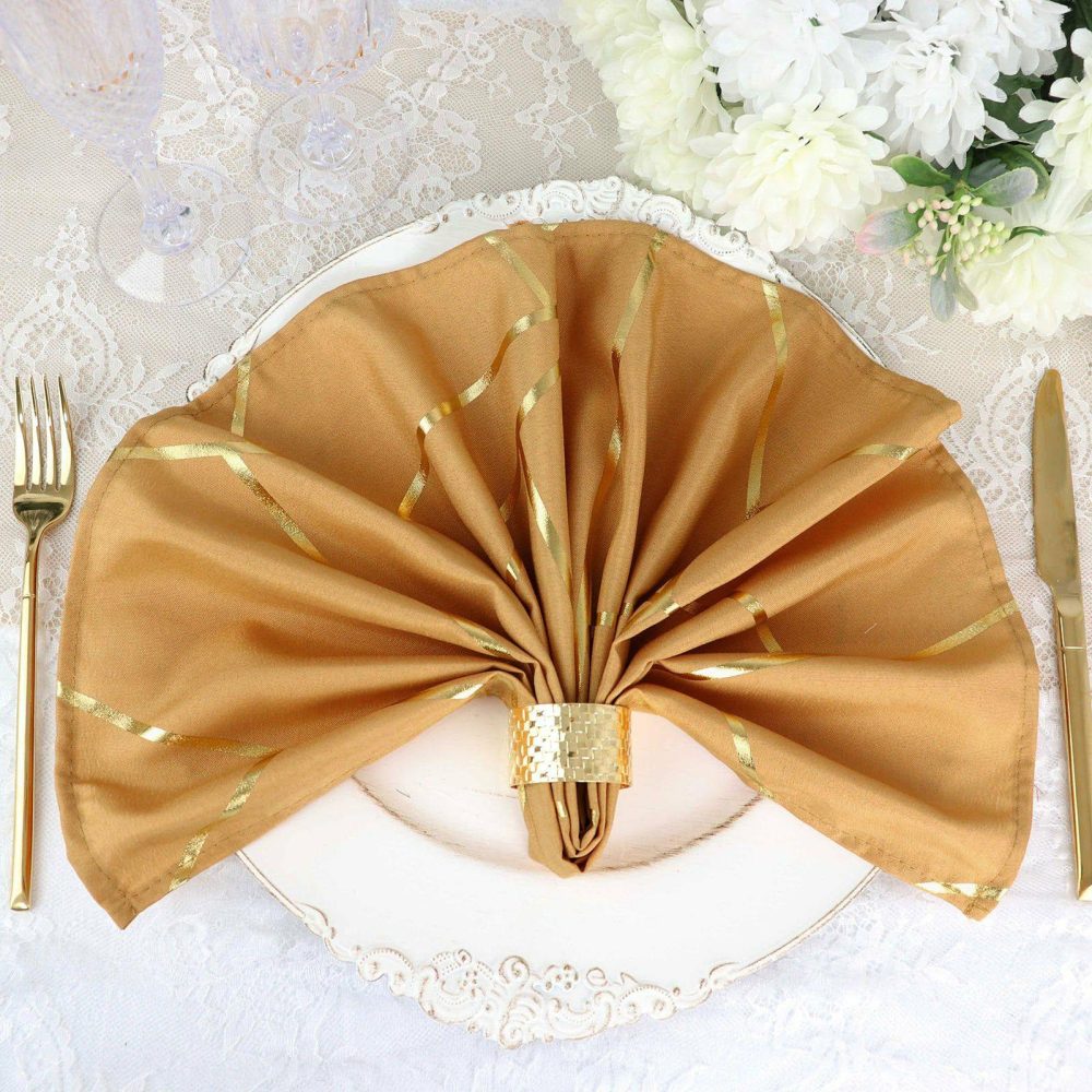 5 Pack Gold With Geometric Gold Foil Cloth Polyester Dinner Napkins 20″x20″  |   Polyester Cloth Napkins Gold