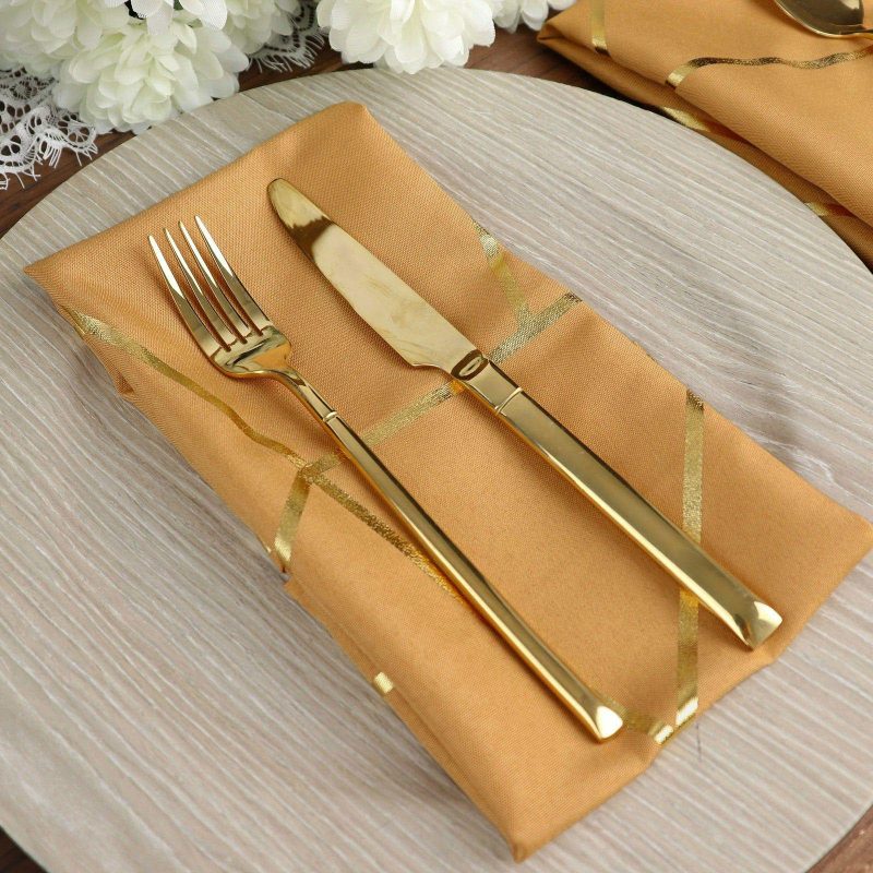 5 Pack Gold With Geometric Gold Foil Cloth Polyester Dinner Napkins 20″x20″  |   Polyester Cloth Napkins Gold