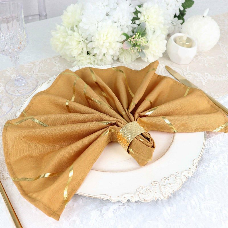 5 Pack Gold With Geometric Gold Foil Cloth Polyester Dinner Napkins 20″x20″  |   Polyester Cloth Napkins Gold