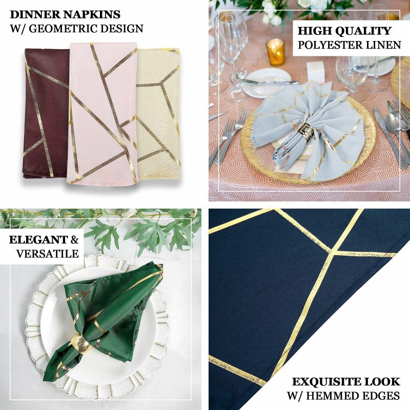 5 Pack Gold With Geometric Gold Foil Cloth Polyester Dinner Napkins 20″x20″  |   Polyester Cloth Napkins Gold