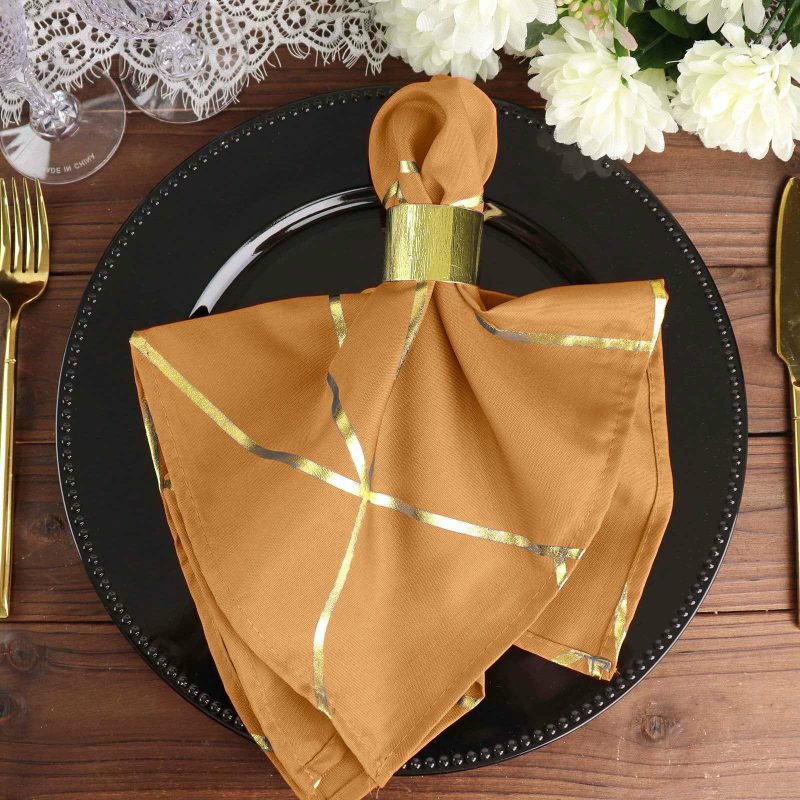 5 Pack Gold With Geometric Gold Foil Cloth Polyester Dinner Napkins 20″x20″  |   Polyester Cloth Napkins Gold