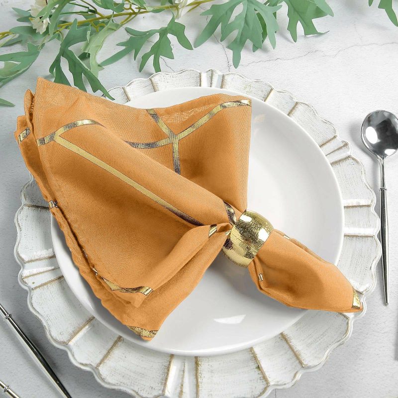 5 Pack Gold With Geometric Gold Foil Cloth Polyester Dinner Napkins 20″x20″  |   Polyester Cloth Napkins Gold