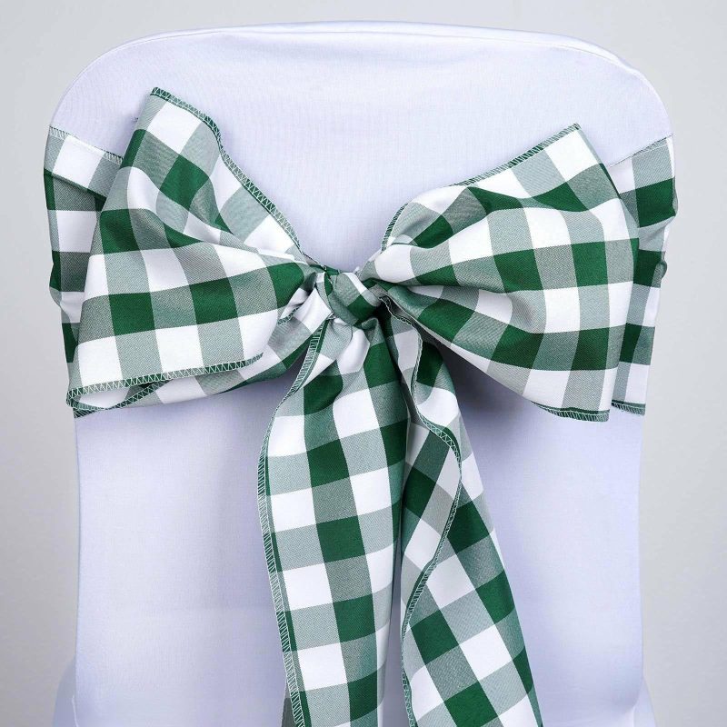 5 Pack Green / White Buffalo Plaid Checkered Chair Sashes 6″x108″  |   Polyester Chair Sashes Green