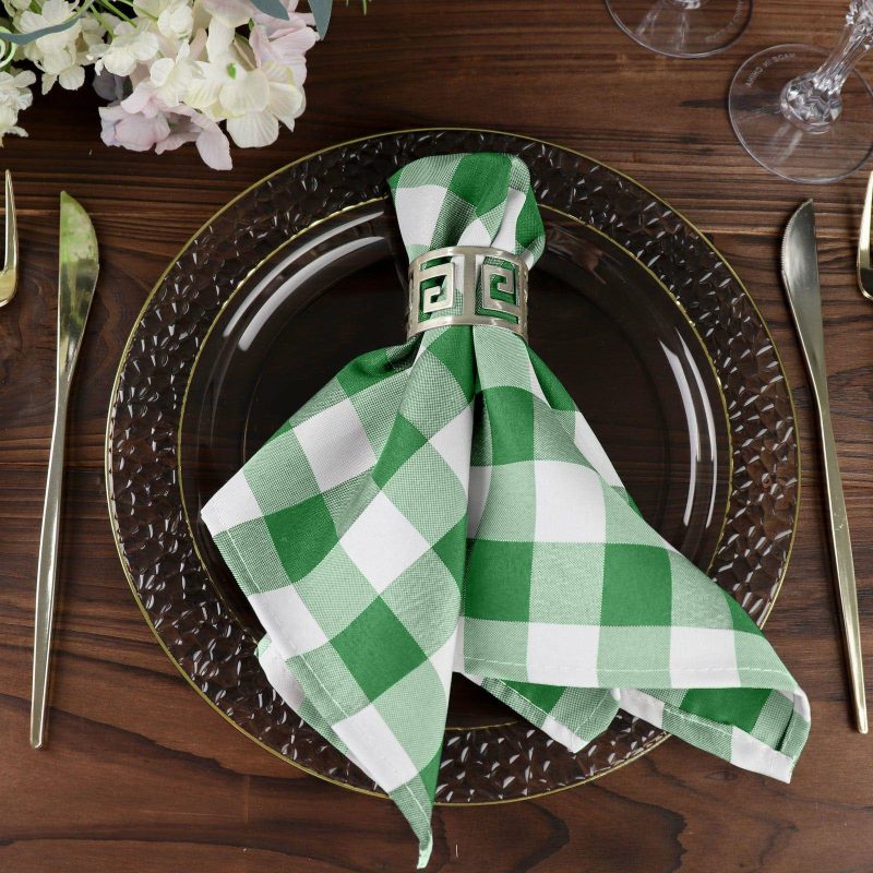 5 Pack Green/White Buffalo Plaid Cloth Dinner Napkins, Gingham Style 15″x15″  |   Polyester Cloth Napkins Green