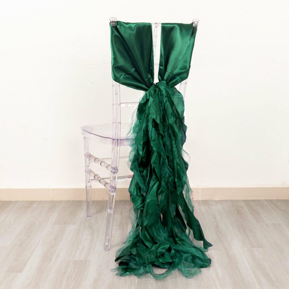 5 Pack Hunter Emerald Green Curly Willow Chiffon Satin Chair Sashes  |   Satin & Taffeta Chair Sashes Hunter Emerald Green