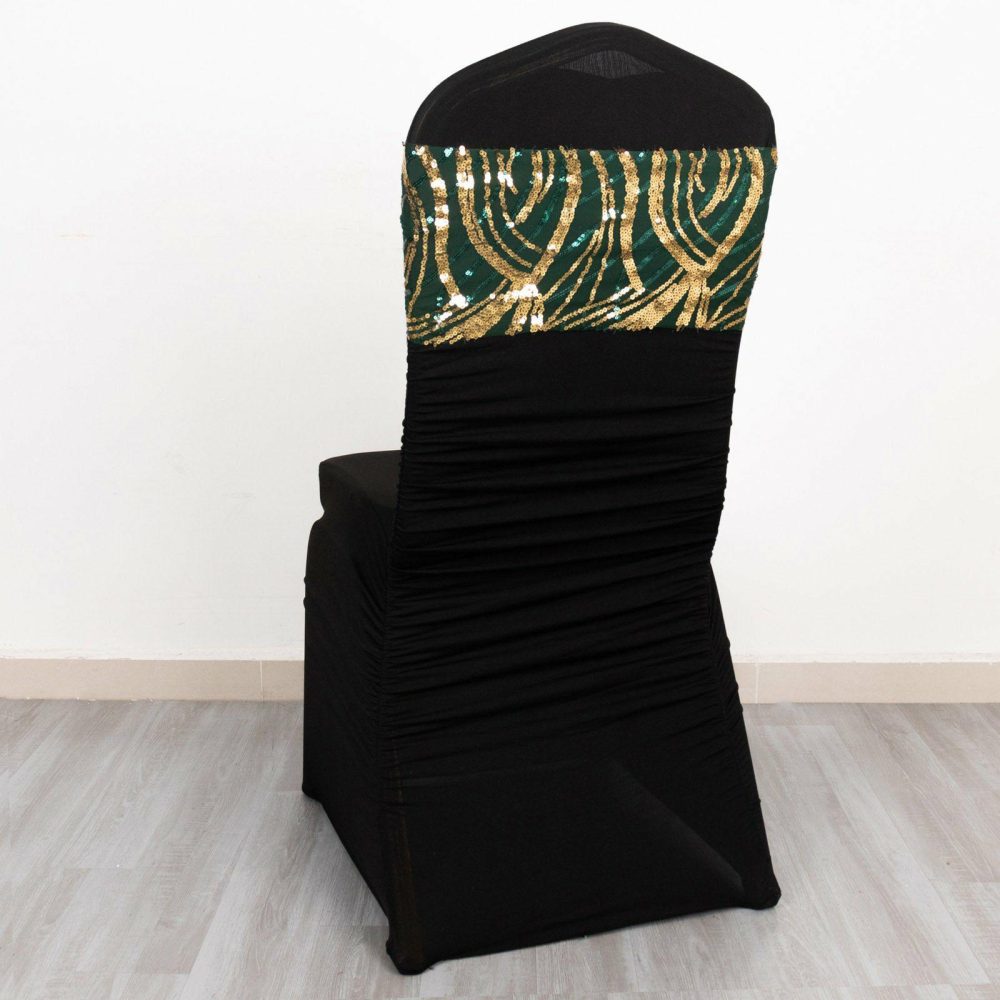 5 Pack Hunter Emerald Green Gold Wave Chair Sash Bands With Embroidered Sequins  |   Glittering Sequin Chair Sashes Glittering Sequin