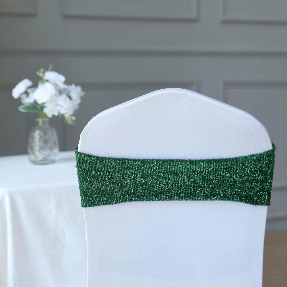 5 Pack Hunter Emerald Green Metallic Shimmer Tinsel Spandex Chair Sashes  |   Spandex Fitted Chair Sashes Hunter Emerald Green