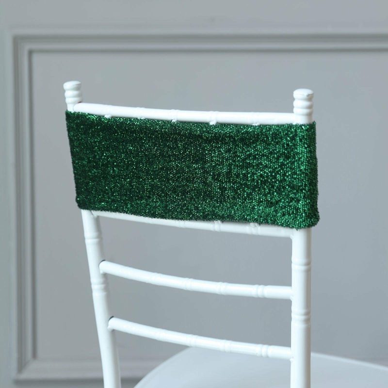 5 Pack Hunter Emerald Green Metallic Shimmer Tinsel Spandex Chair Sashes  |   Spandex Fitted Chair Sashes Hunter Emerald Green