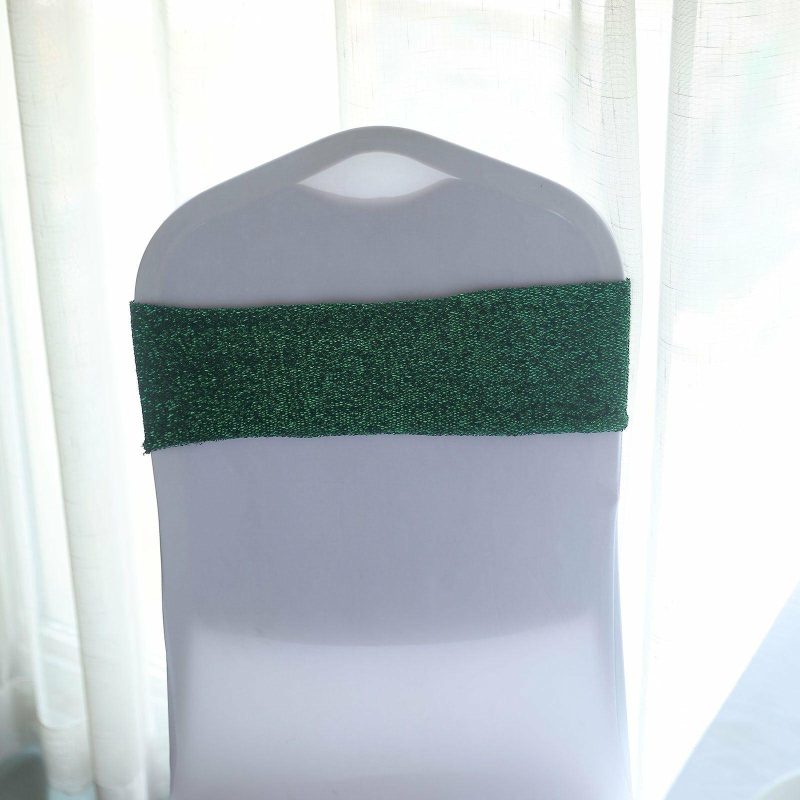 5 Pack Hunter Emerald Green Metallic Shimmer Tinsel Spandex Chair Sashes  |   Spandex Fitted Chair Sashes Hunter Emerald Green