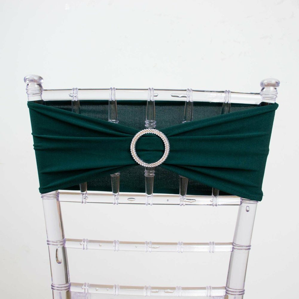 5 Pack Hunter Emerald Green Spandex Stretch Chair Sashes with Silver Diamond Ring Slide Buckle 5″x14″  |   Spandex Fitted Chair Sashes Hunter Emerald Green