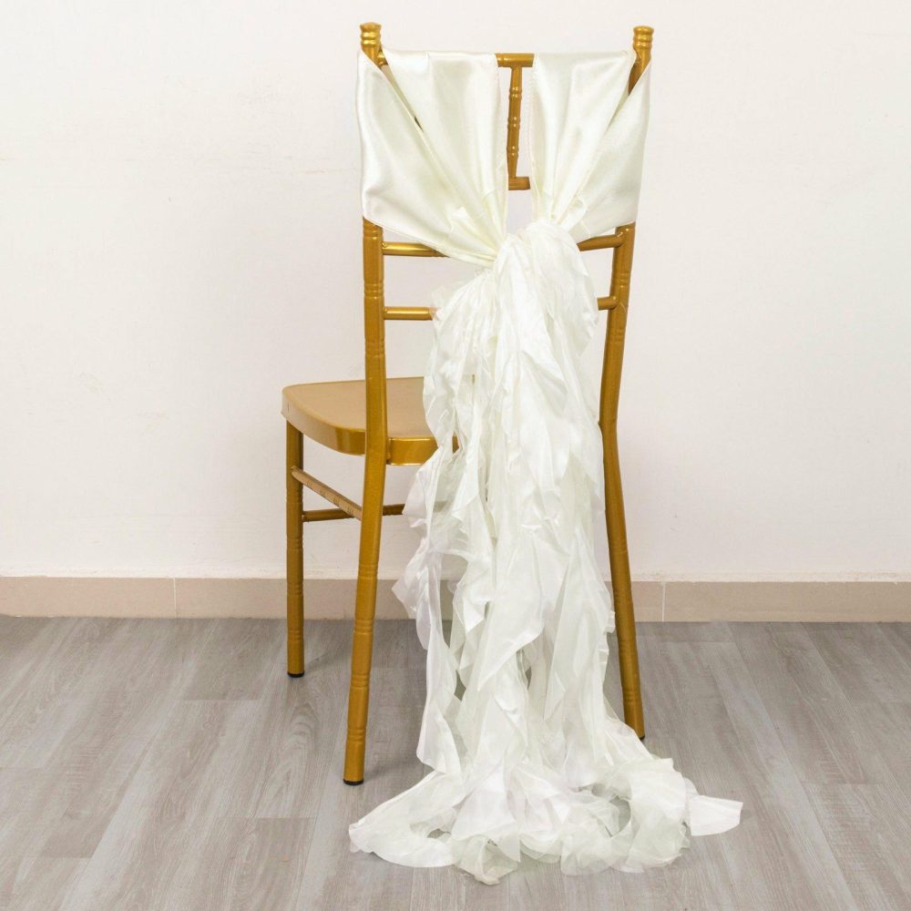 5 Pack Ivory Curly Willow Chiffon Satin Chair Sashes  |   Satin & Taffeta Chair Sashes Ivory