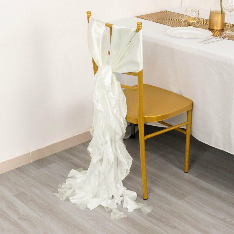 5 Pack Ivory Curly Willow Chiffon Satin Chair Sashes  |   Satin & Taffeta Chair Sashes Ivory