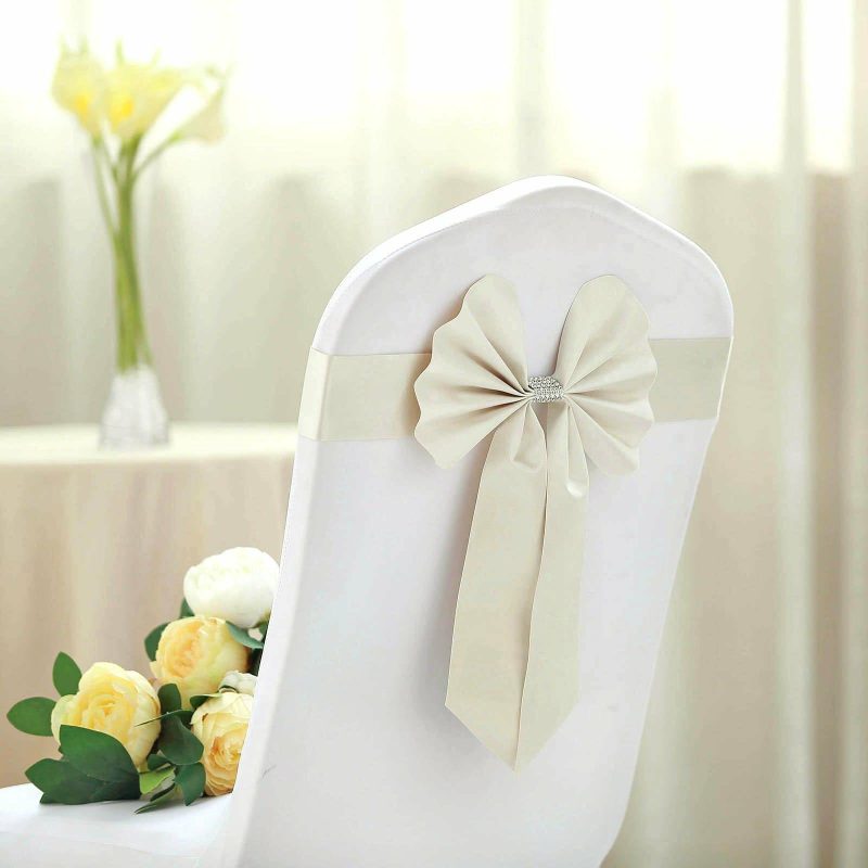 5 Pack Ivory Reversible Chair Sashes with Buckles, Double Sided Pre-tied Bow Tie Chair Bands Satin and Faux Leather  |   Satin & Taffeta Chair Sashes Ivory