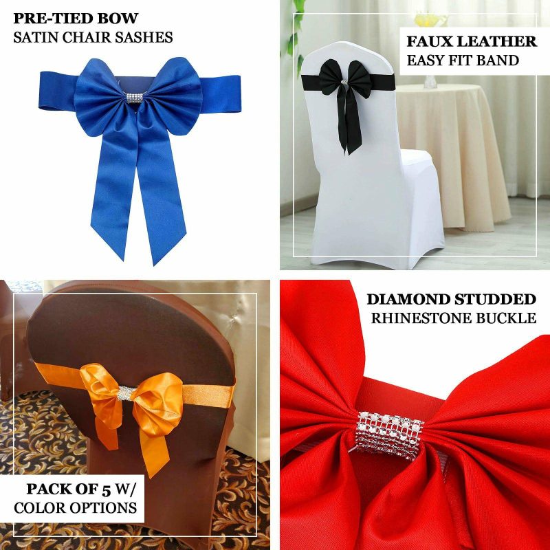 5 Pack Ivory Reversible Chair Sashes with Buckles, Double Sided Pre-tied Bow Tie Chair Bands Satin and Faux Leather  |   Satin & Taffeta Chair Sashes Ivory