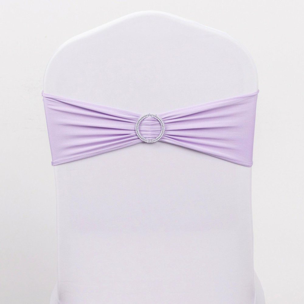 5 Pack Lavender Lilac Spandex Stretch Chair Sashes with Silver Diamond Ring Slide Buckle 5″x14″  |   Spandex Fitted Chair Sashes Lavender Lilac