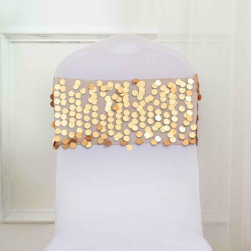 5 Pack Matte Champagne Big Payette Sequin Round Chair Sashes  |   Glittering Sequin Chair Sashes Glittering Sequin