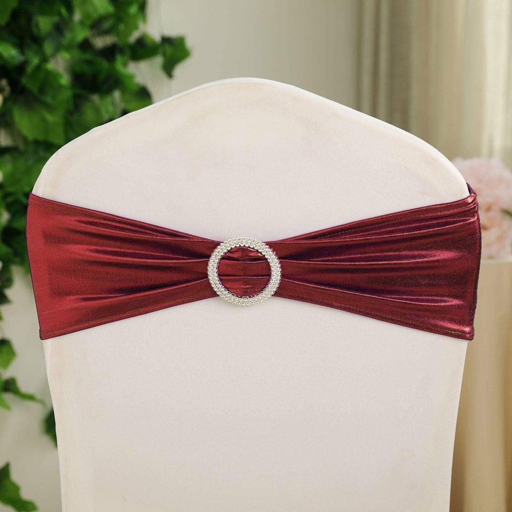 5 Pack Metallic Burgundy Spandex Chair Sashes With Attached Round Diamond Buckles  |   Spandex Fitted Chair Sashes Burgundy