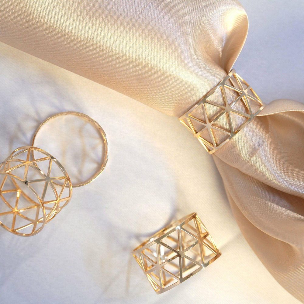 5 Pack Metallic Gold Geometric Napkin Rings, Paper Napkin Holders  |   Napkin Rings Cloth Napkins Gold