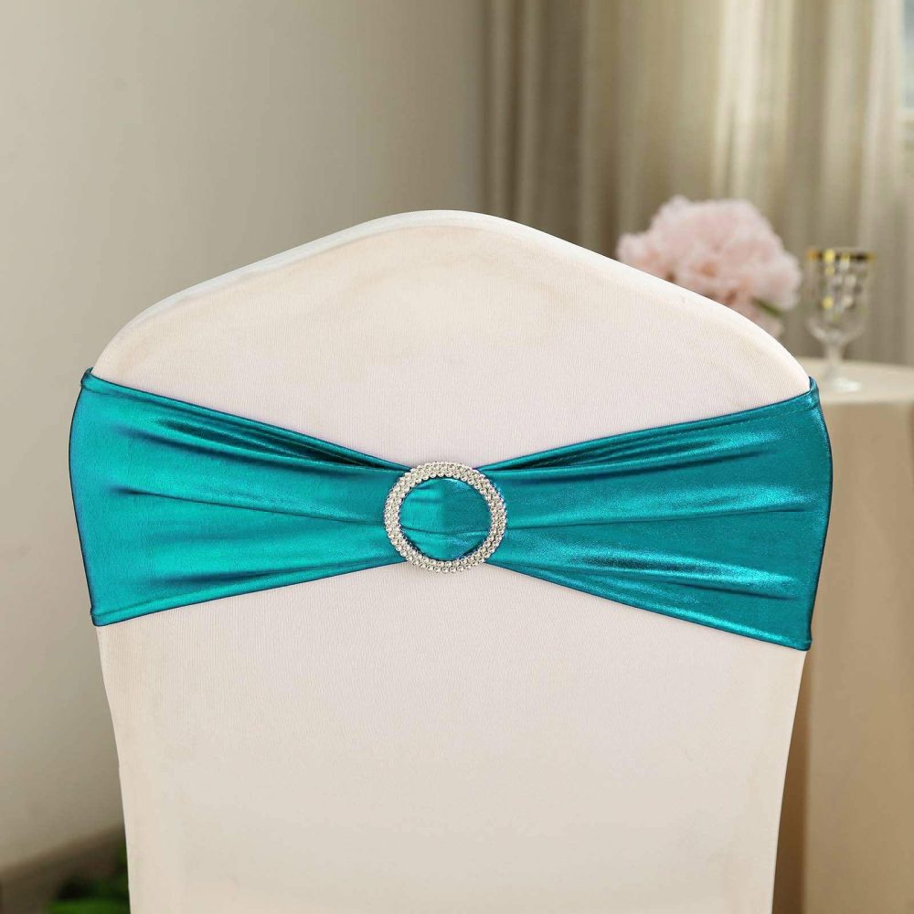 5 Pack Metallic Peacock Teal Spandex Chair Sashes With Attached Round Diamond Buckles  |   Spandex Fitted Chair Sashes Peacock Teal