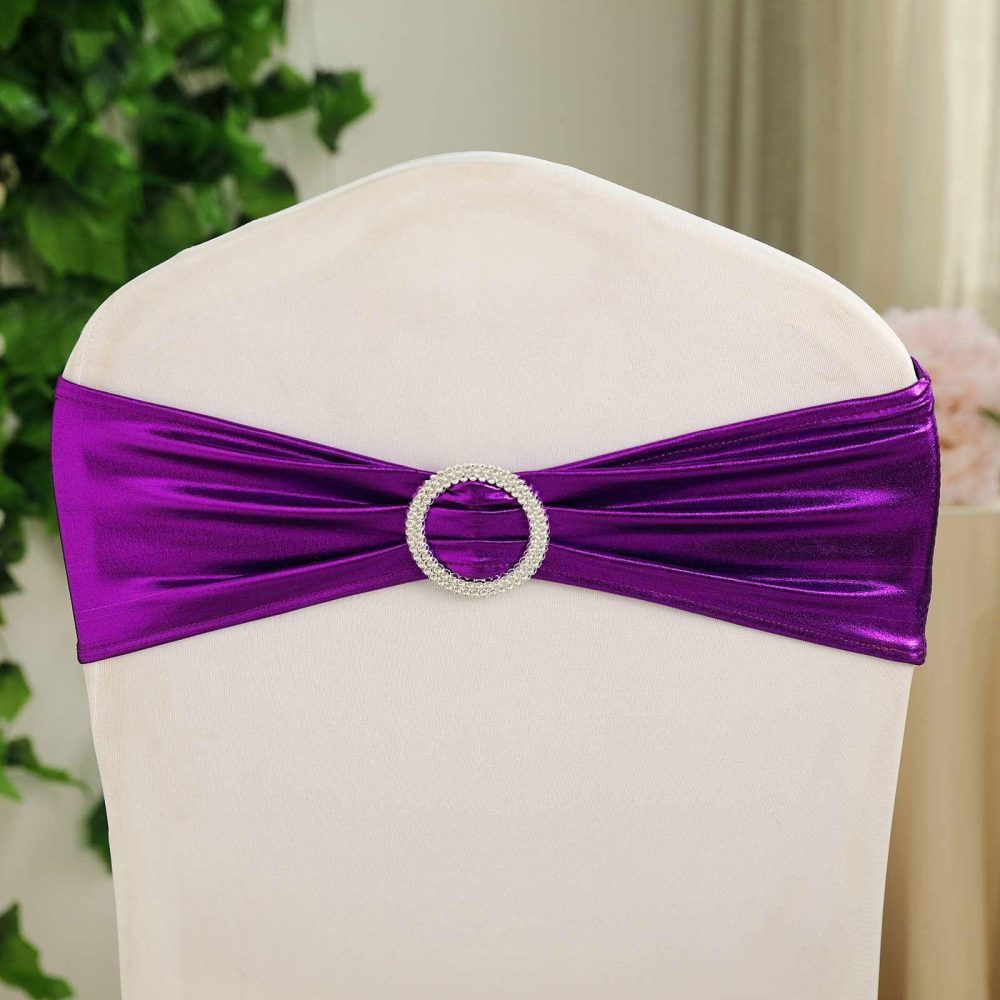 5 Pack Metallic Purple Spandex Chair Sashes With Attached Round Diamond Buckles  |   Spandex Fitted Chair Sashes Purple