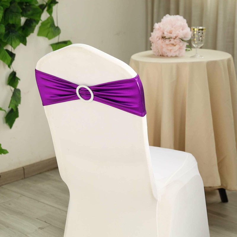 5 Pack Metallic Purple Spandex Chair Sashes With Attached Round Diamond Buckles  |   Spandex Fitted Chair Sashes Purple