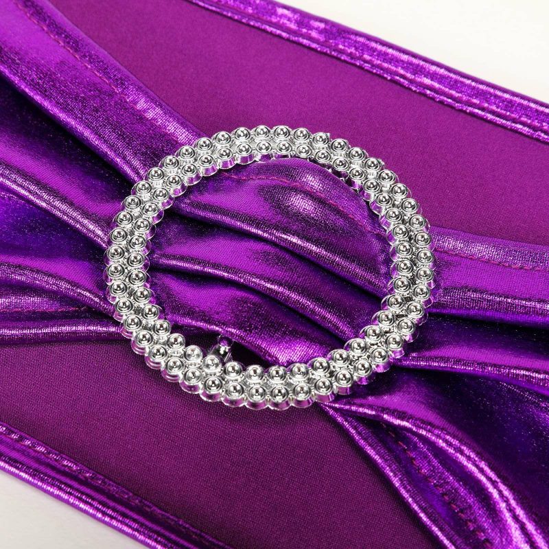 5 Pack Metallic Purple Spandex Chair Sashes With Attached Round Diamond Buckles  |   Spandex Fitted Chair Sashes Purple