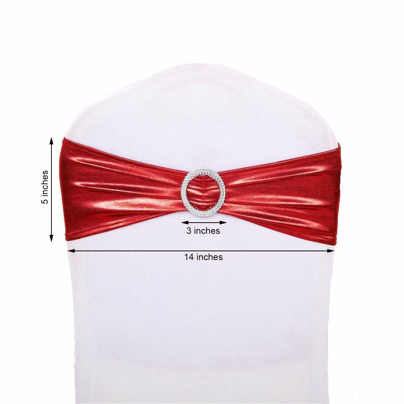 5 Pack Metallic Red Spandex Chair Sashes With Attached Round Diamond Buckles  |   Spandex Fitted Chair Sashes Red