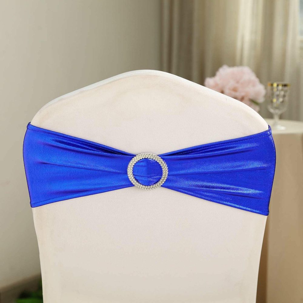 5 Pack Metallic Royal Blue Spandex Chair Sashes With Attached Round Diamond Buckles  |   Spandex Fitted Chair Sashes Royal blue