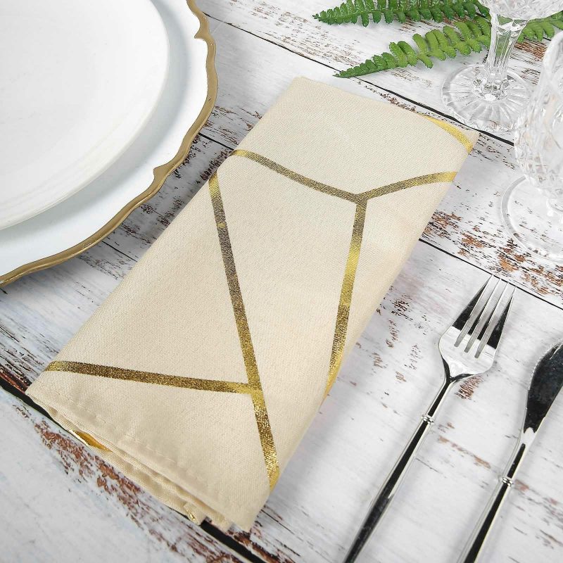 5 Pack Modern Beige and Geometric Gold Cloth Dinner Napkins 20″x20″  |   Polyester Cloth Napkins Beige