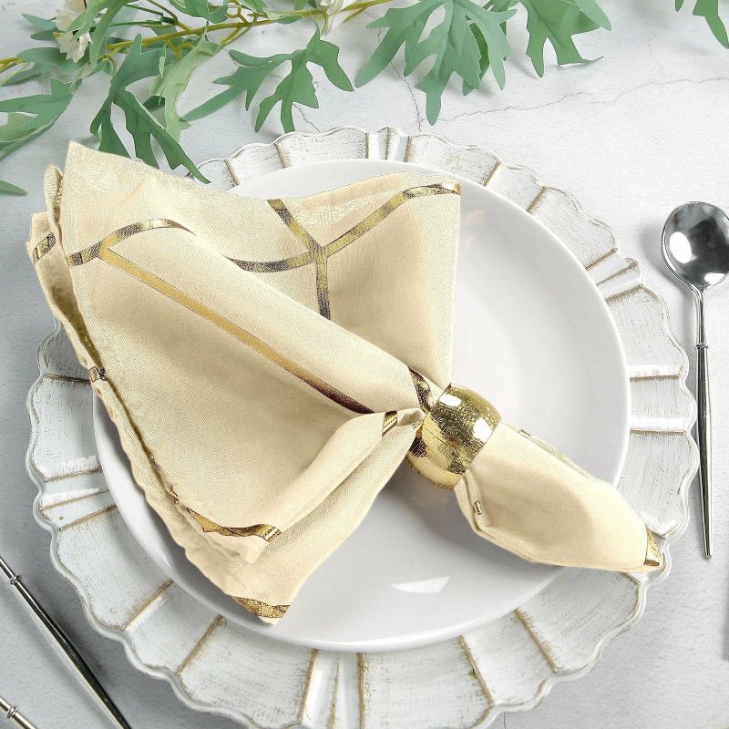 5 Pack Modern Beige and Geometric Gold Cloth Dinner Napkins 20″x20″  |   Polyester Cloth Napkins Beige