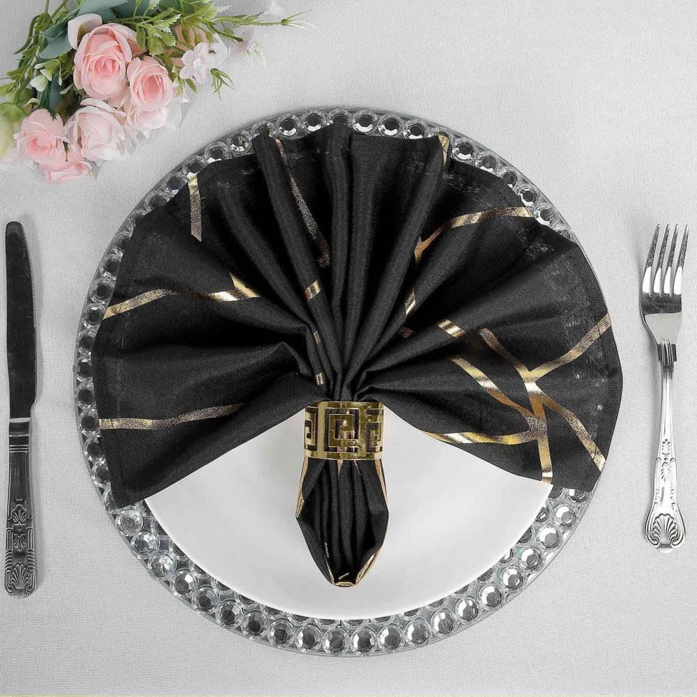 5 Pack Modern Black and Geometric Gold Cloth Dinner Napkins 20″x20″  |   Polyester Cloth Napkins Black