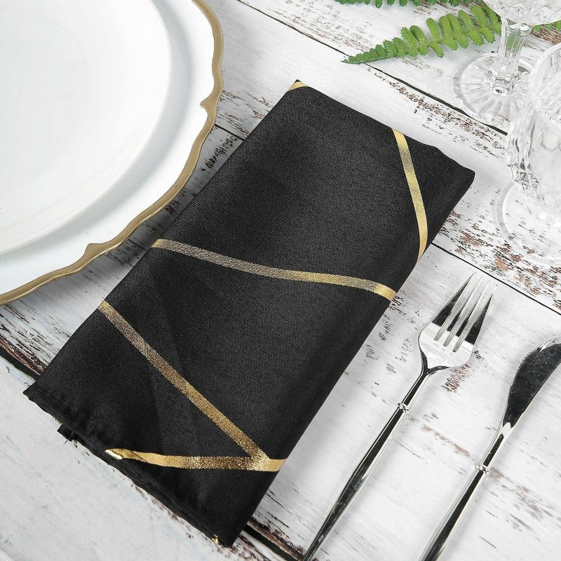 5 Pack Modern Black and Geometric Gold Cloth Dinner Napkins 20″x20″  |   Polyester Cloth Napkins Black