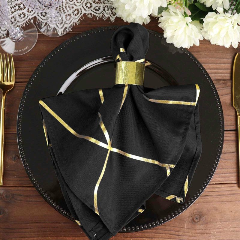 5 Pack Modern Black and Geometric Gold Cloth Dinner Napkins 20″x20″  |   Polyester Cloth Napkins Black