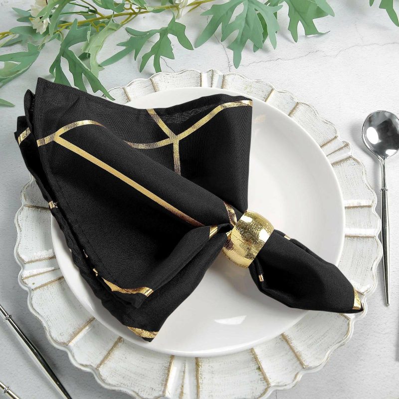 5 Pack Modern Black and Geometric Gold Cloth Dinner Napkins 20″x20″  |   Polyester Cloth Napkins Black