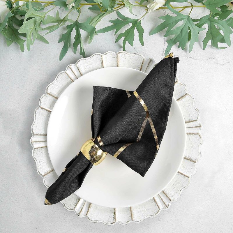 5 Pack Modern Black and Geometric Gold Cloth Dinner Napkins 20″x20″  |   Polyester Cloth Napkins Black