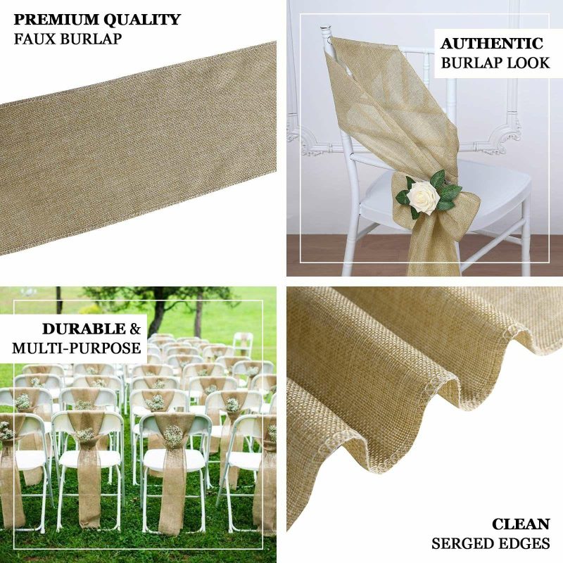 5 Pack Natural Jute Faux Burlap Chair Sashes, Boho Chic Linen Decor 6″x108″  |   Jute Burlap & Lace Chair Sashes Jute Burlap & Lace