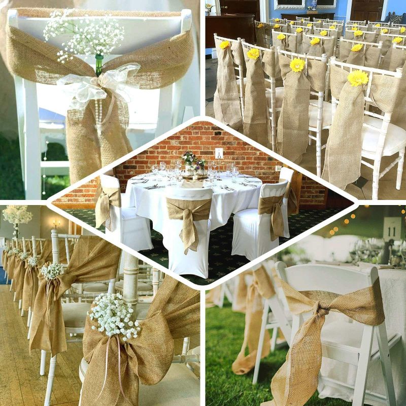 5 Pack Natural Jute Faux Burlap Chair Sashes, Boho Chic Linen Decor 6″x108″  |   Jute Burlap & Lace Chair Sashes Jute Burlap & Lace