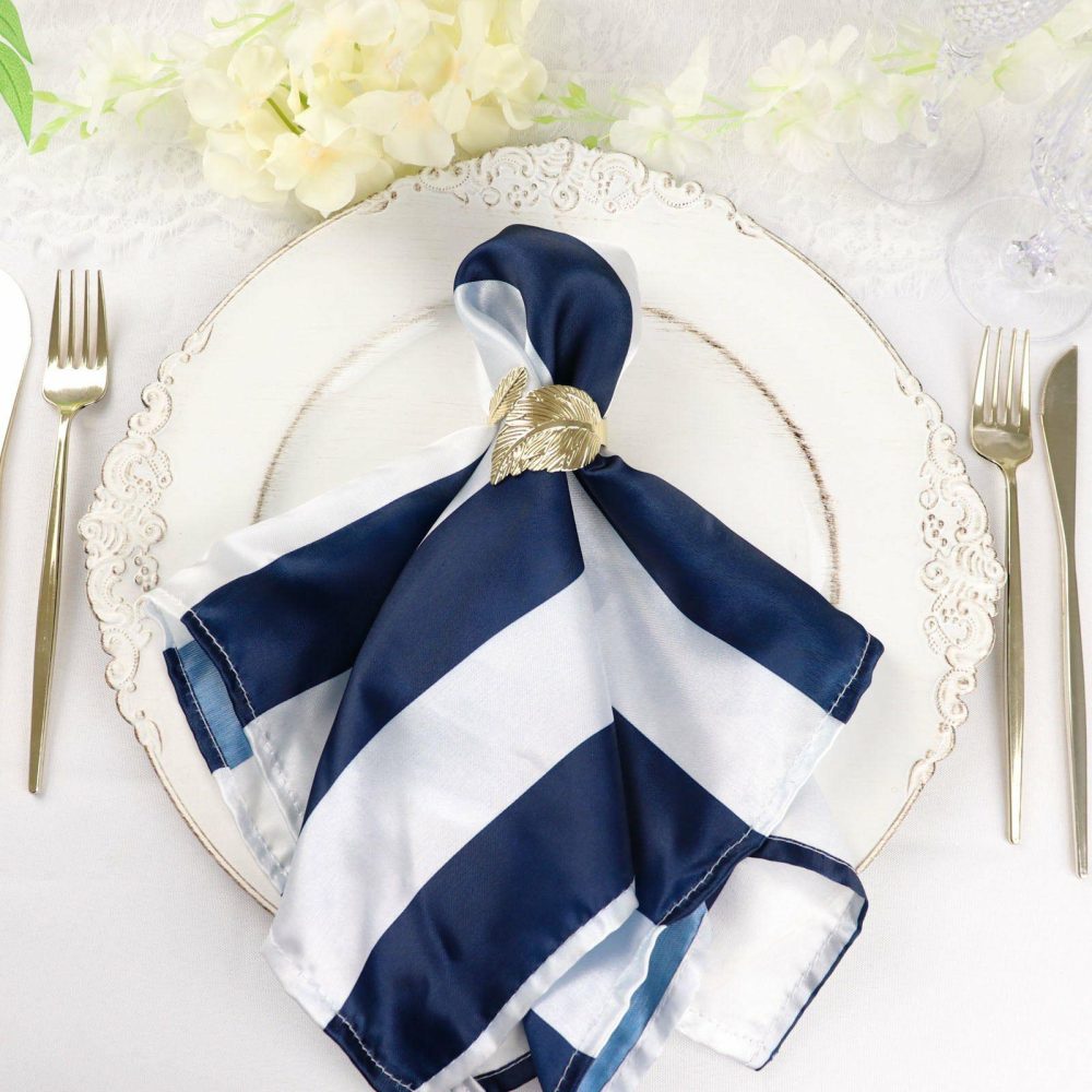 5 Pack Navy and White Striped Satin Cloth Dinner Napkins 20″x20″  |   Satin & Taffeta Cloth Napkins Navy blue