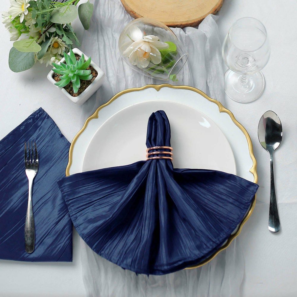 5 Pack Navy Blue Accordion Crinkle Taffeta Cloth Dinner Napkins 20″x20″  |   Satin & Taffeta Cloth Napkins Navy blue