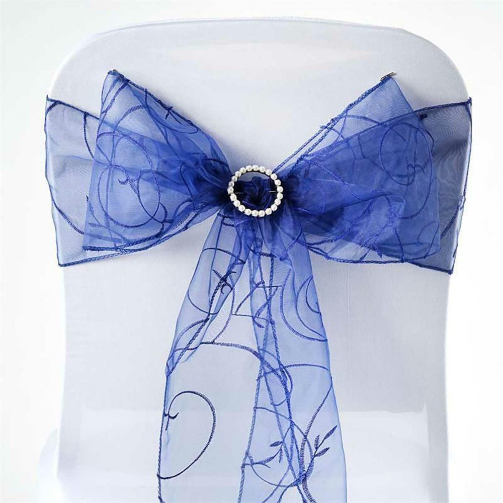 5 Pack Navy Blue Embroidered Organza Chair Sashes 7″x108″  |   Organza & Chiffon Chair Sashes Navy blue